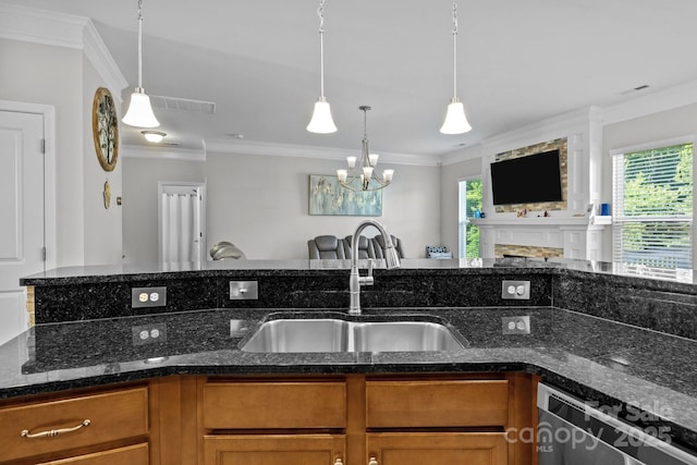 10621 Shanon Darby Ln, Charlotte, NC 28214 - kitchen with dishwasher, crown molding, plenty of natural light, brown cabinetry, and open floor plan