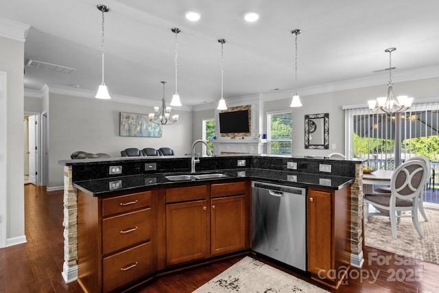 10621 Shanon Darby Ln, Charlotte, NC 28214 - kitchen with stainless steel dishwasher, a chandelier, open floor plan, crown molding, and dark wood-style flooring