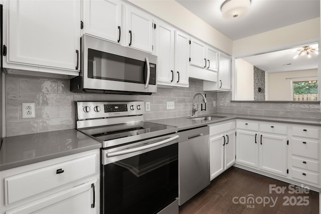 6013 Heath Valley Rd, Charlotte, NC 28210 - kitchen with appliances with stainless steel finishes, white cabinetry, dark wood-style flooring, and backsplash