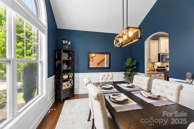 116 Kentmere Ln, Clover, SC 29710 - dining space with arched walkways, high vaulted ceiling, a wainscoted wall, and dark wood-style floors