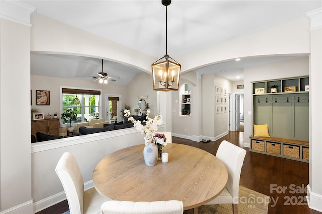 116 Kentmere Ln, Clover, SC 29710 - dining space featuring arched walkways, a ceiling fan, dark wood-style flooring, recessed lighting, and lofted ceiling