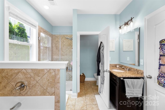 116 Kentmere Ln, Clover, SC 29710 - full bath featuring a garden tub, vanity, a shower stall, and tile patterned floors