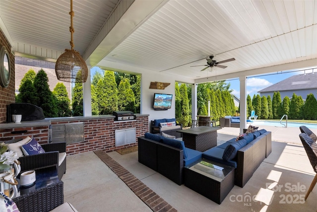 116 Kentmere Ln, Clover, SC 29710 - view of patio with exterior kitchen, an outdoor hangout area, ceiling fan, and an outdoor pool