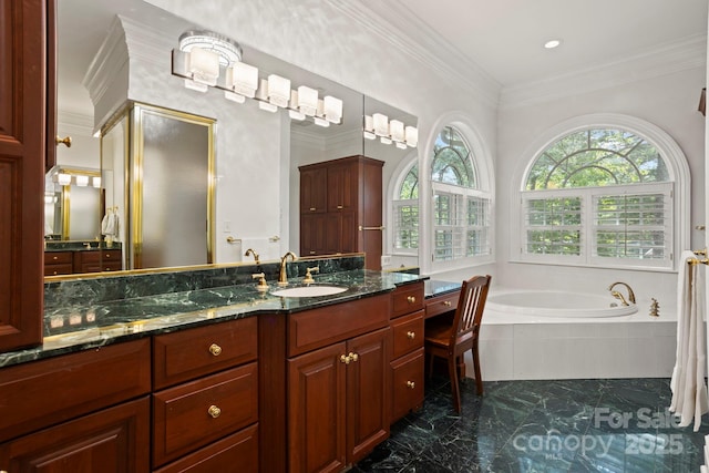 117 Founders Dr, Flat Rock, NC 28731 - bathroom featuring marble tiled flooring, a garden tub, vanity, and ornamental molding