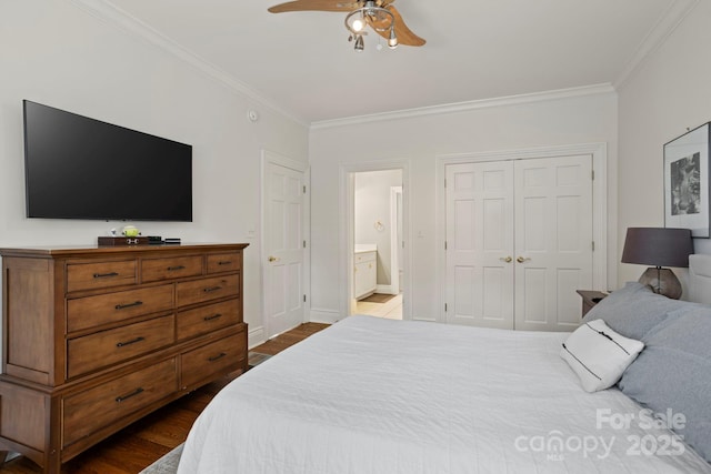 117 Founders Dr, Flat Rock, NC 28731 - bedroom with ornamental molding, dark wood-type flooring, connected bathroom, a ceiling fan, and a closet