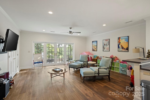 117 Founders Dr, Flat Rock, NC 28731 - living area featuring ceiling fan, wood finished floors, recessed lighting, and ornamental molding