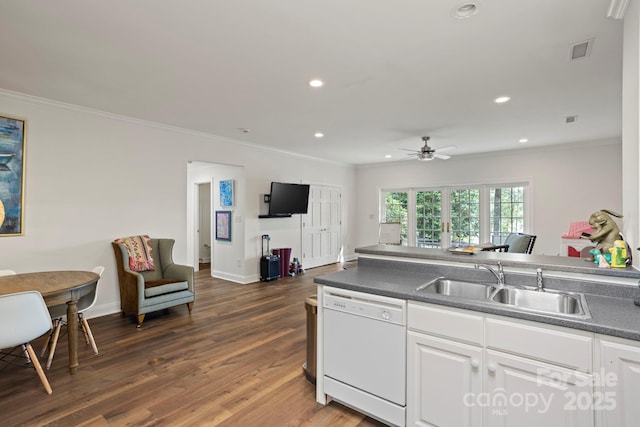 117 Founders Dr, Flat Rock, NC 28731 - kitchen with dishwasher, crown molding, a ceiling fan, recessed lighting, and white cabinetry