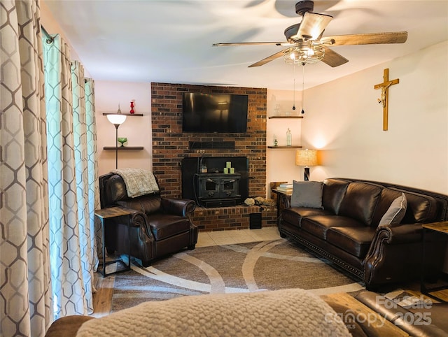 3080 Shue Rd, Salisbury, NC 28147 - living area with a ceiling fan and a wood stove