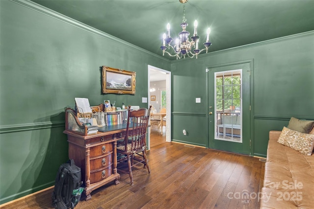 1010 Rainbow Cir, Catawba, SC 29704 - office space with a chandelier, hardwood / wood-style flooring, and ornamental molding