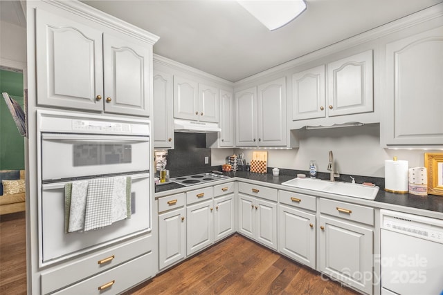 1010 Rainbow Cir, Catawba, SC 29704 - kitchen with white appliances, dark wood-type flooring, and dark countertops