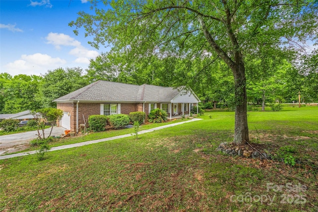 1010 Rainbow Cir, Catawba, SC 29704 - ranch-style home with brick siding, a front lawn, a porch, driveway, and a garage