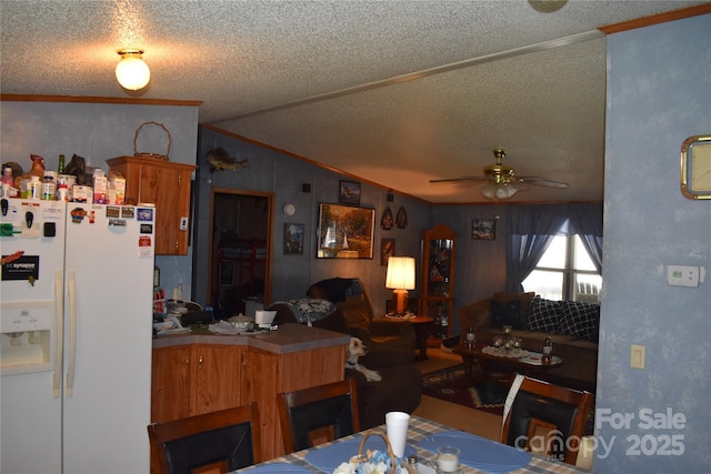 236 Hidden Cove Rd, Marion, NC 28752 - kitchen featuring white fridge with ice dispenser, a textured ceiling, vaulted ceiling, ceiling fan, and crown molding