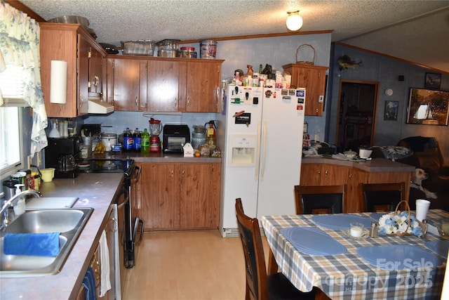 236 Hidden Cove Rd, Marion, NC 28752 - kitchen featuring white refrigerator with ice dispenser, electric stove, light wood-style floors, vaulted ceiling, and a textured ceiling