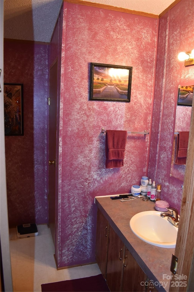 236 Hidden Cove Rd, Marion, NC 28752 - bathroom featuring vanity, wallpapered walls, and tile patterned floors