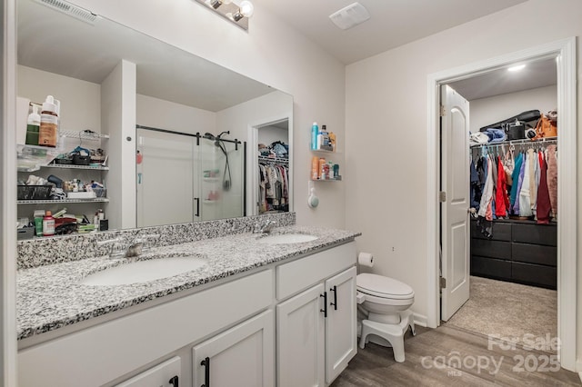 1478 Cannan Mountain Dr, Newton, NC 28658 - bathroom with a spacious closet, a shower stall, double vanity, and wood finished floors