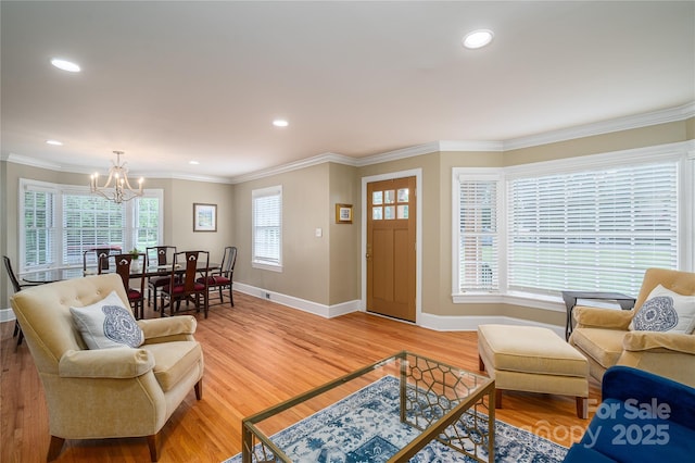 806 S Point Rd, Belmont, NC 28012 - living area featuring a chandelier, light wood-type flooring, recessed lighting, and ornamental molding