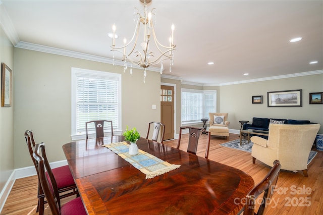 806 S Point Rd, Belmont, NC 28012 - dining area featuring a chandelier, light wood-style flooring, crown molding, and recessed lighting