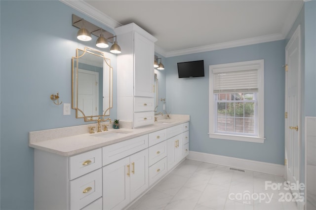 806 S Point Rd, Belmont, NC 28012 - bathroom featuring double vanity, marble look tiles, and ornamental molding