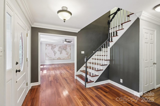 8 Hickory Ridge Ct, Clover, SC 29710 - entrance foyer featuring crown molding, stairway, hardwood / wood-style flooring, and a ceiling fan