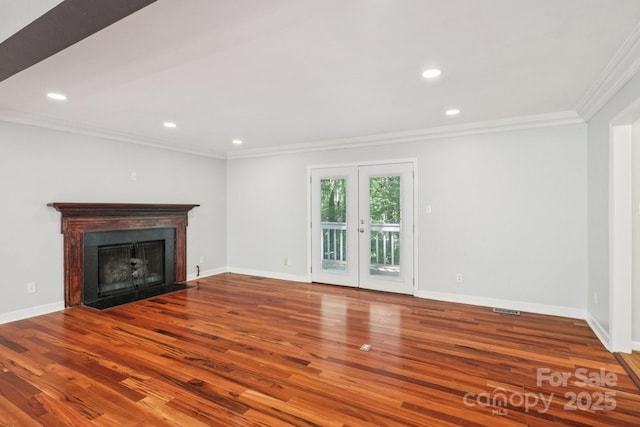 8 Hickory Ridge Ct, Clover, SC 29710 - unfurnished living room with wood finished floors, crown molding, recessed lighting, and a fireplace with flush hearth