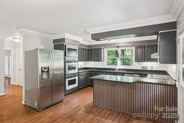 8 Hickory Ridge Ct, Clover, SC 29710 - kitchen with appliances with stainless steel finishes, dark countertops, a peninsula, crown molding, and dark wood finished floors