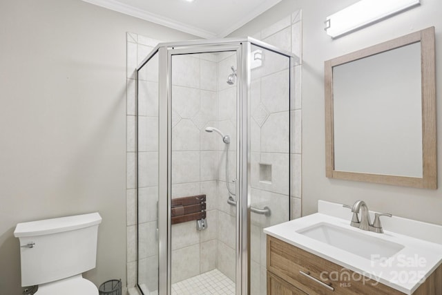 8 Hickory Ridge Ct, Clover, SC 29710 - bathroom featuring vanity, a stall shower, and ornamental molding