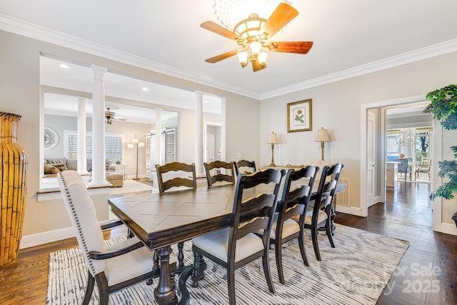 11 By The Wayside Dr, Columbus, NC 28722 - dining space featuring decorative columns, a ceiling fan, dark wood finished floors, ornamental molding, and recessed lighting