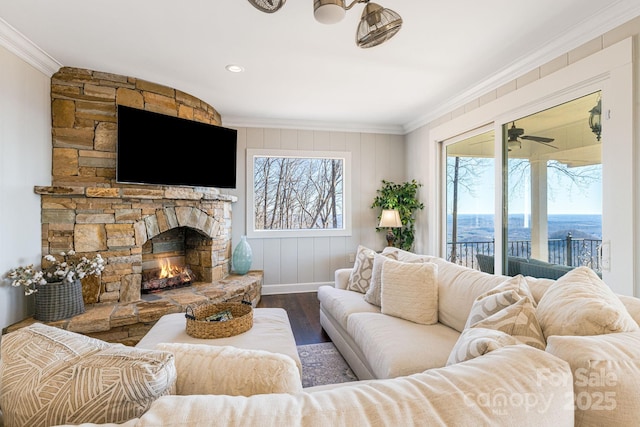 11 By The Wayside Dr, Columbus, NC 28722 - living room with ornamental molding, wood finished floors, and a fireplace