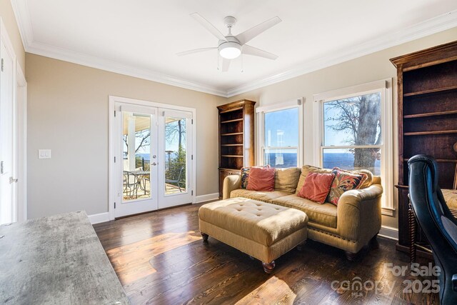 11 By The Wayside Dr, Columbus, NC 28722 - living room with french doors, crown molding, dark wood-style floors, and ceiling fan