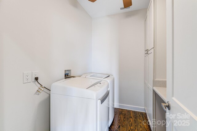 11 By The Wayside Dr, Columbus, NC 28722 - laundry room featuring washer and clothes dryer, ceiling fan, and dark wood-style floors