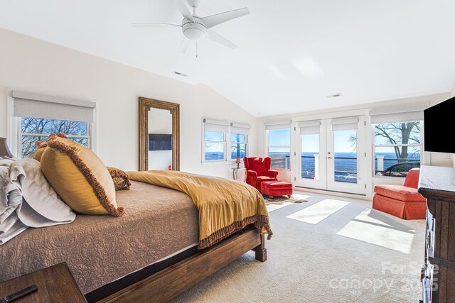11 By The Wayside Dr, Columbus, NC 28722 - bedroom featuring access to exterior, carpet floors, vaulted ceiling, multiple windows, and french doors