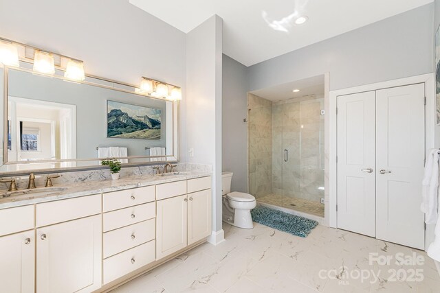 11 By The Wayside Dr, Columbus, NC 28722 - full bath featuring double vanity, a shower stall, marble look tiles, and recessed lighting