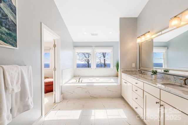 11 By The Wayside Dr, Columbus, NC 28722 - full bathroom featuring marble finish floors, a bath, double vanity, recessed lighting, and ensuite bath