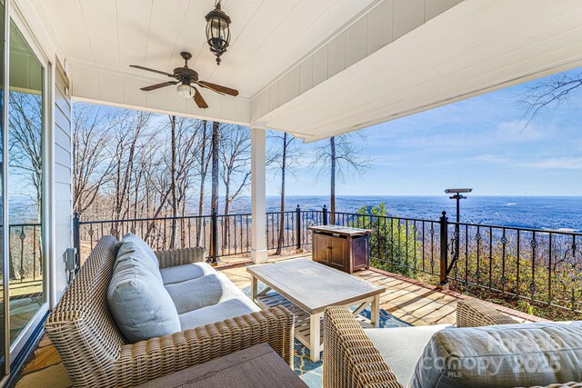 11 By The Wayside Dr, Columbus, NC 28722 - wooden terrace featuring view of water and beach and ceiling fan