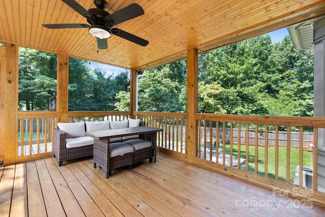 13 Fox Ridge Dr, Granite Falls, NC 28630 - deck featuring outdoor lounge area, ceiling fan, a fenced backyard, and view of wooded area