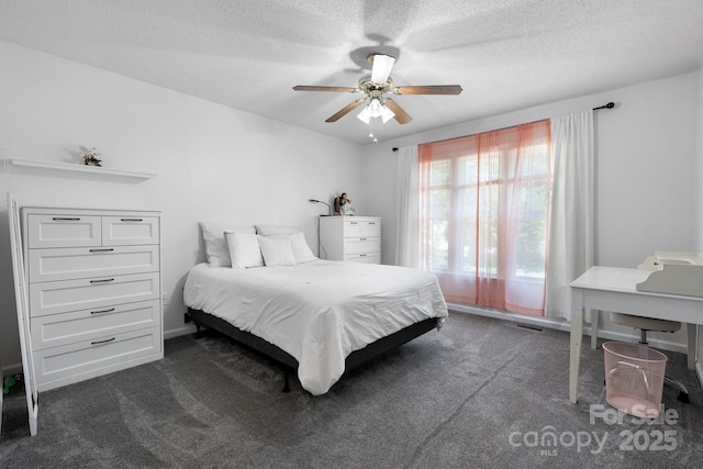13 Fox Ridge Dr, Granite Falls, NC 28630 - bedroom with dark carpet, a textured ceiling, and a ceiling fan