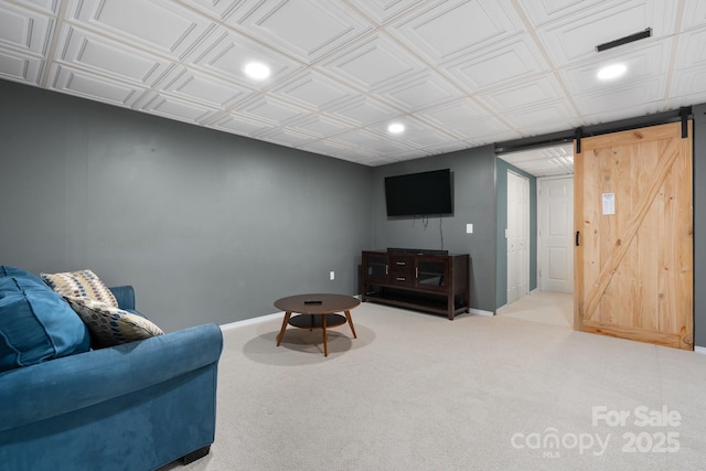 13 Fox Ridge Dr, Granite Falls, NC 28630 - carpeted living room featuring a barn door, recessed lighting, and an ornate ceiling