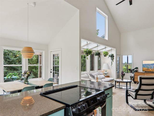2 Briarwood Dr, Alexander, NC 28701 - kitchen featuring black electric range, high vaulted ceiling, and dark stone countertops