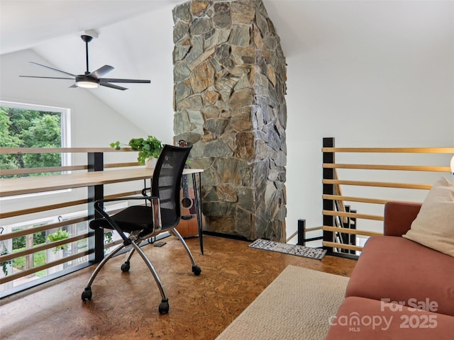 2 Briarwood Dr, Alexander, NC 28701 - home office featuring a ceiling fan and vaulted ceiling