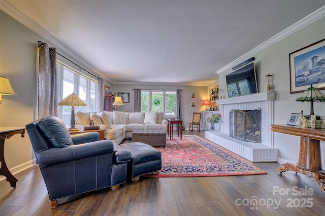 17 Heritage Dr, Lake Wylie, SC 29710 - living room with crown molding, wood finished floors, and a brick fireplace