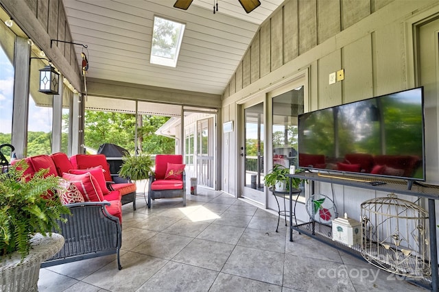 17 Heritage Dr, Lake Wylie, SC 29710 - sunroom / solarium featuring a ceiling fan, a skylight, vaulted ceiling, and an outdoor living space