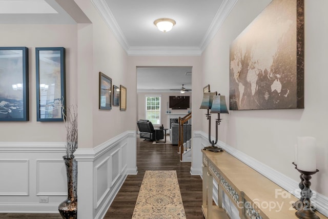 236 Robinwood Ln, Clover, SC 29710 - hallway featuring dark wood finished floors, a wainscoted wall, ornamental molding, a decorative wall, and stairs