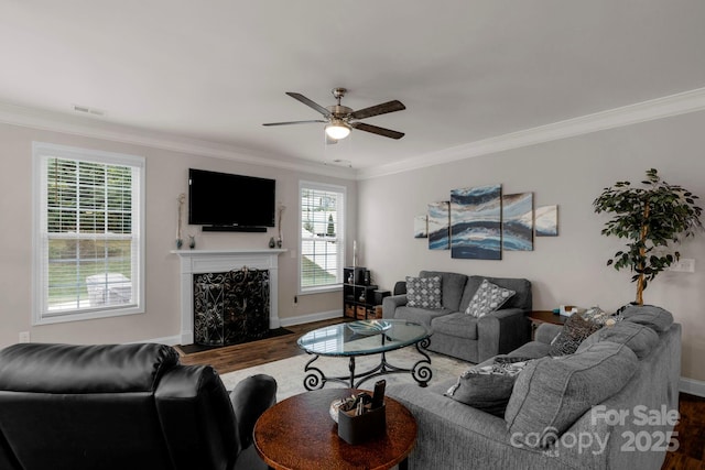 236 Robinwood Ln, Clover, SC 29710 - living room with dark wood-style flooring, crown molding, ceiling fan, and a premium fireplace