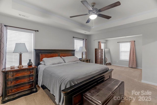 236 Robinwood Ln, Clover, SC 29710 - bedroom with light colored carpet, crown molding, a tray ceiling, and a ceiling fan