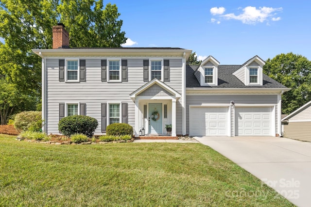 2838 Candleberry Ct, Charlotte, NC 28210 - colonial house with driveway, a chimney, a front lawn, and a garage