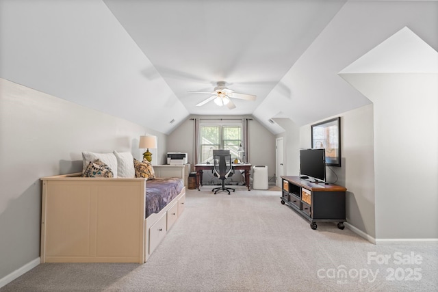 2838 Candleberry Ct, Charlotte, NC 28210 - bedroom with light colored carpet, lofted ceiling, an office area, and a ceiling fan