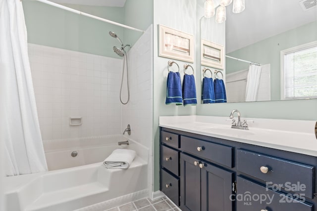 2838 Candleberry Ct, Charlotte, NC 28210 - bathroom with shower / bathtub combination with curtain, vanity, and tile patterned flooring