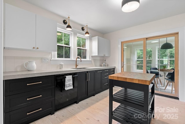 2704 Kool Park Rd NE, Hickory, NC 28601 - kitchen with black dishwasher, dark cabinets, white cabinets, light countertops, and light wood-style floors