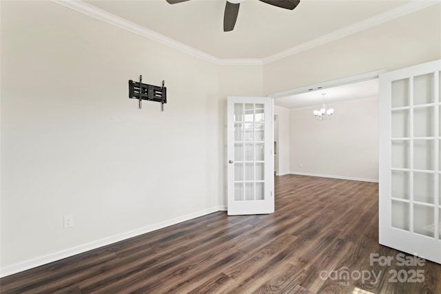 15213 Red Canoe Way, Charlotte, NC 28278 - unfurnished room with ornamental molding, french doors, dark wood finished floors, ceiling fan, and a chandelier