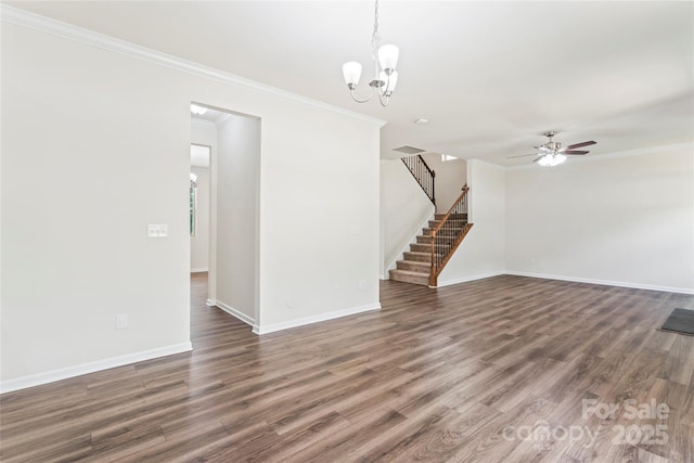 15213 Red Canoe Way, Charlotte, NC 28278 - unfurnished living room featuring stairs, crown molding, wood finished floors, a chandelier, and a ceiling fan